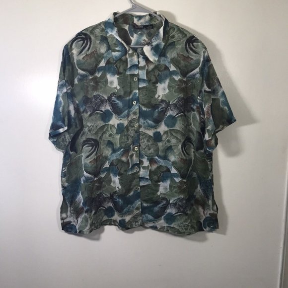 FLEURS by ELEGANT ADDITIONS Short Sleeve Button Front Floral Sheer Blouse - Picture 1 of 4